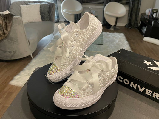 Custom Bling Bridal Converse – Rhinestone & Pearl Wedding Shoes | Personalized with Name & Date