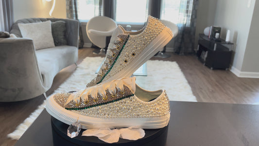 Custom Bling Bridal Converse – Rhinestone & Pearl Wedding Shoes | Personalized with Name & Date